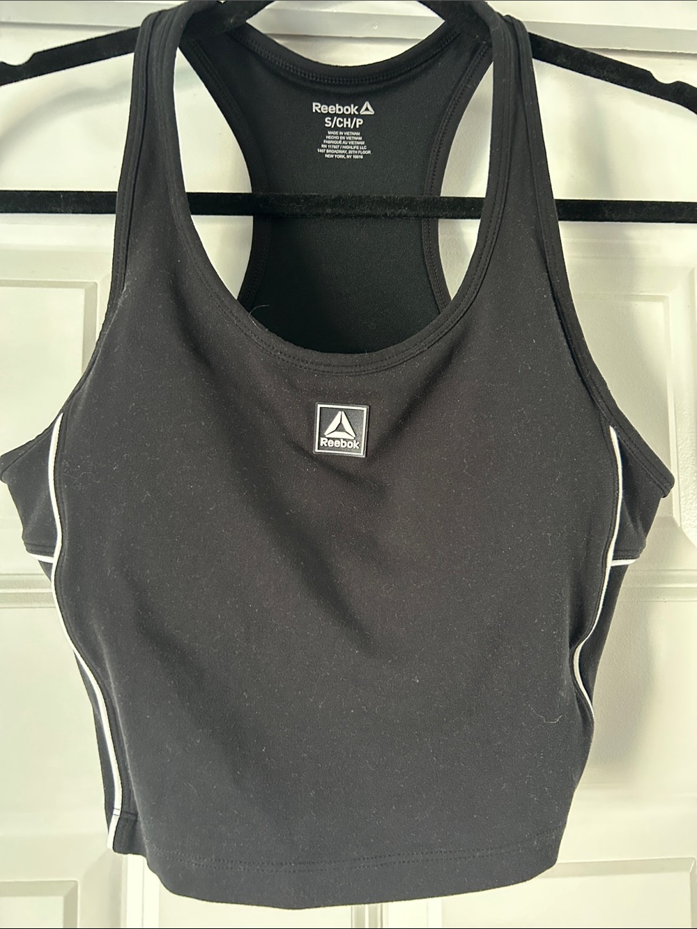 Reebok Black Racerback Crop Sports Bra with White Piping